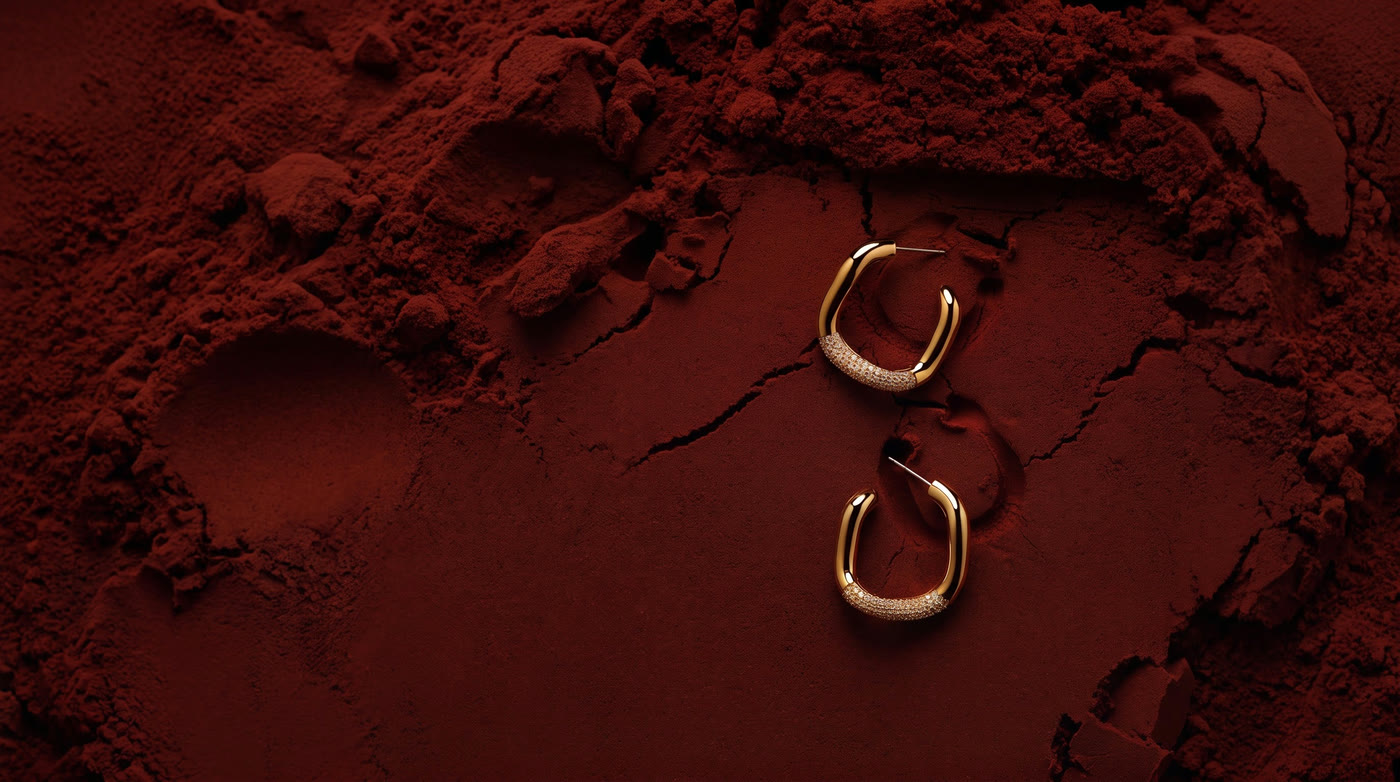 Pavé-set gold hoops on red sand