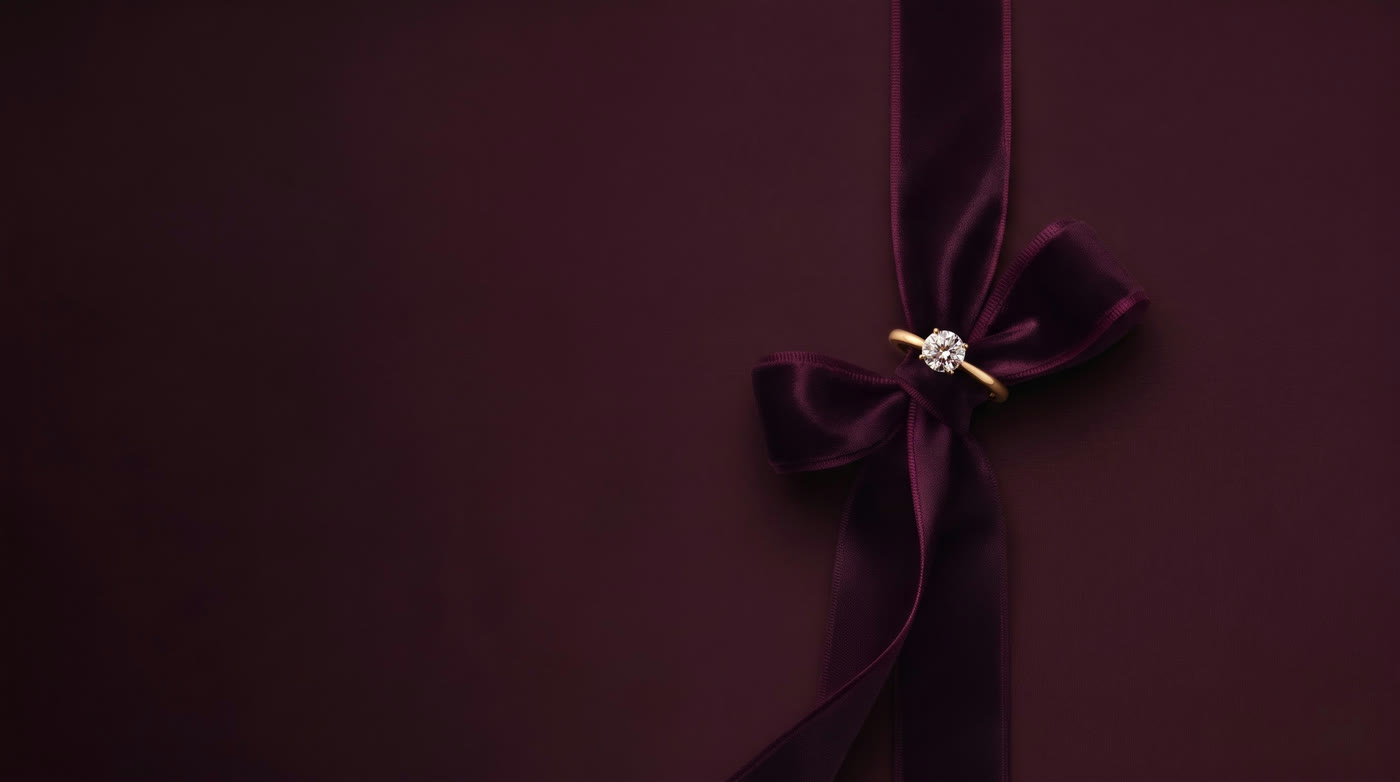 A solitaire ring tied into a plum velvet ribbon bow