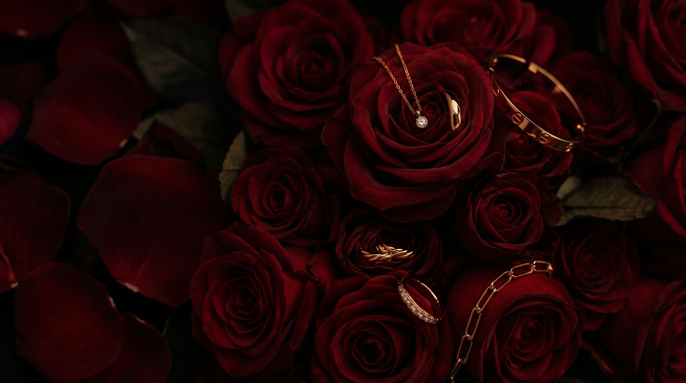 A gold necklace, rings and bracelets resting on deep red roses