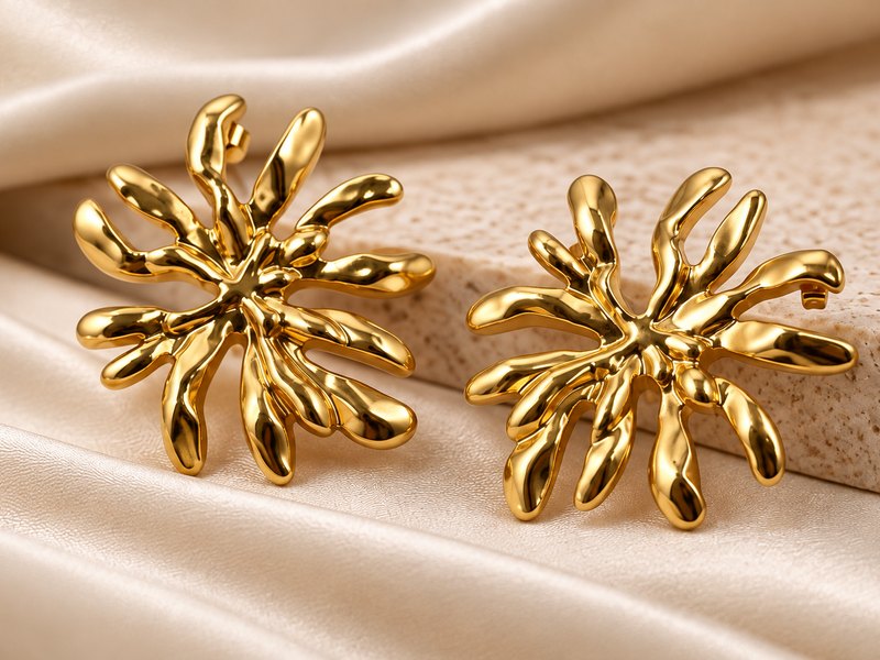 A pair of gold sunburst studs on draped silk