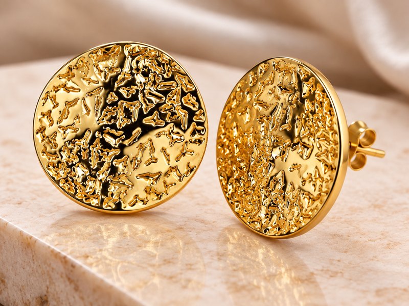 Textured gold round studs on a cream stone