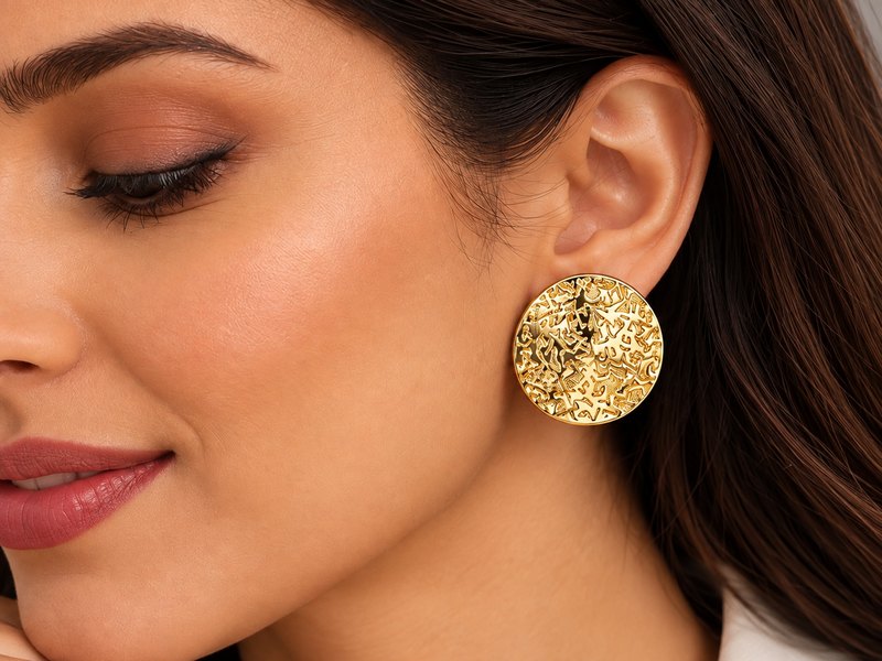 A woman wearing a textured gold round stud